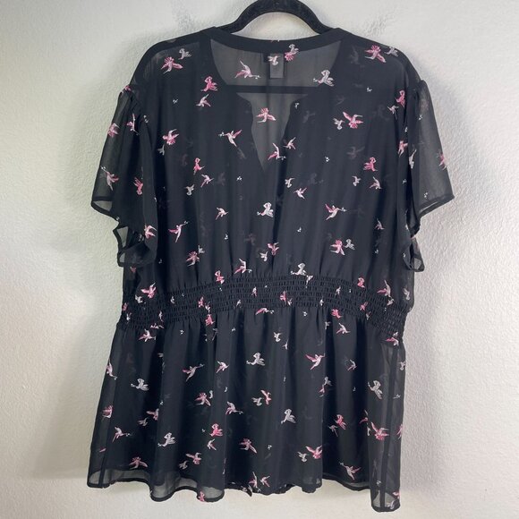 Torrid Womens Plus 3X Black Sheer Ruffle Front Hummingbird Tunic Top Blouse - Picture 7 of 8